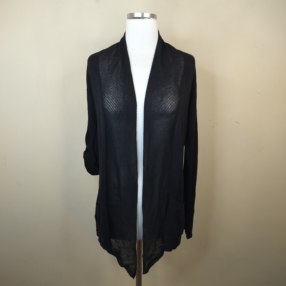Athleta Cardigan Sweater Small Open Front Roll Tab Sleeve Casual Black